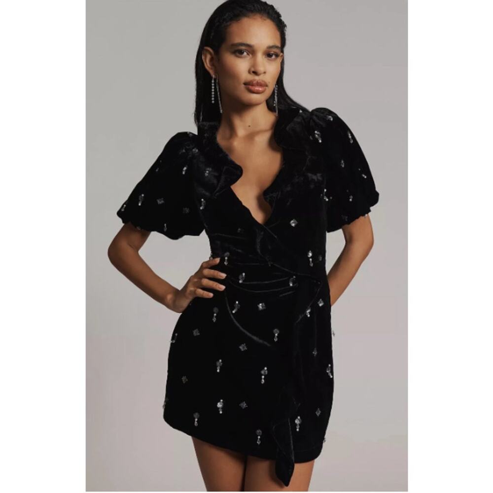 Anthropologie Maeve Black Velvet Embellished Mini Dress Size 2 NEW